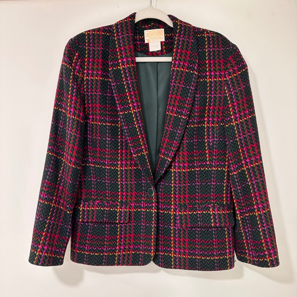 Pendleton Wool Plaid Blazer Women‎ Size 14 Multi-Color Herringbone Dark Academia